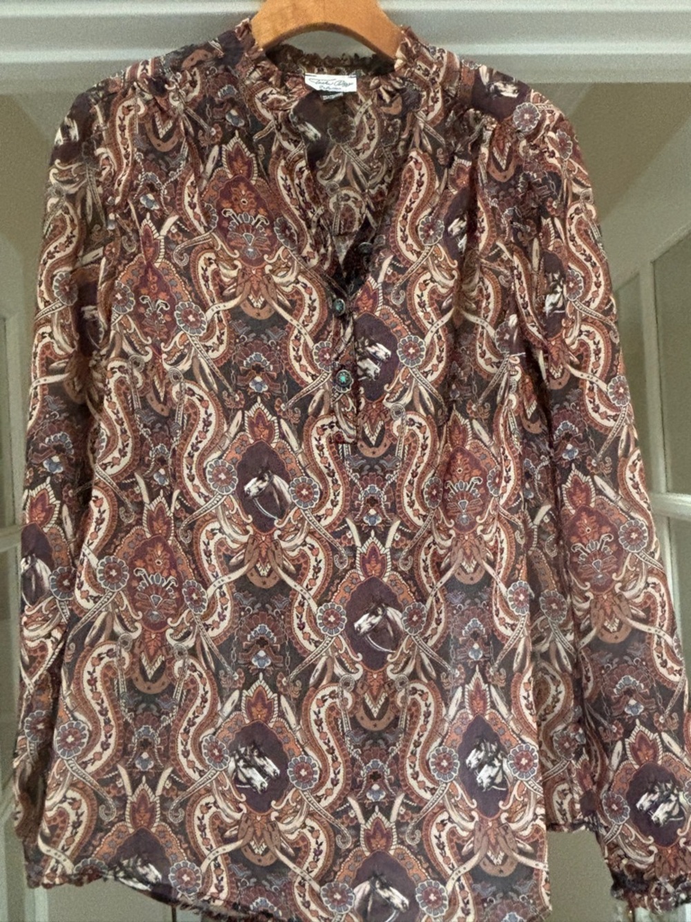 Paisley Button-Front Boho Blouse in Brown & Cream by Tasha Polizzi